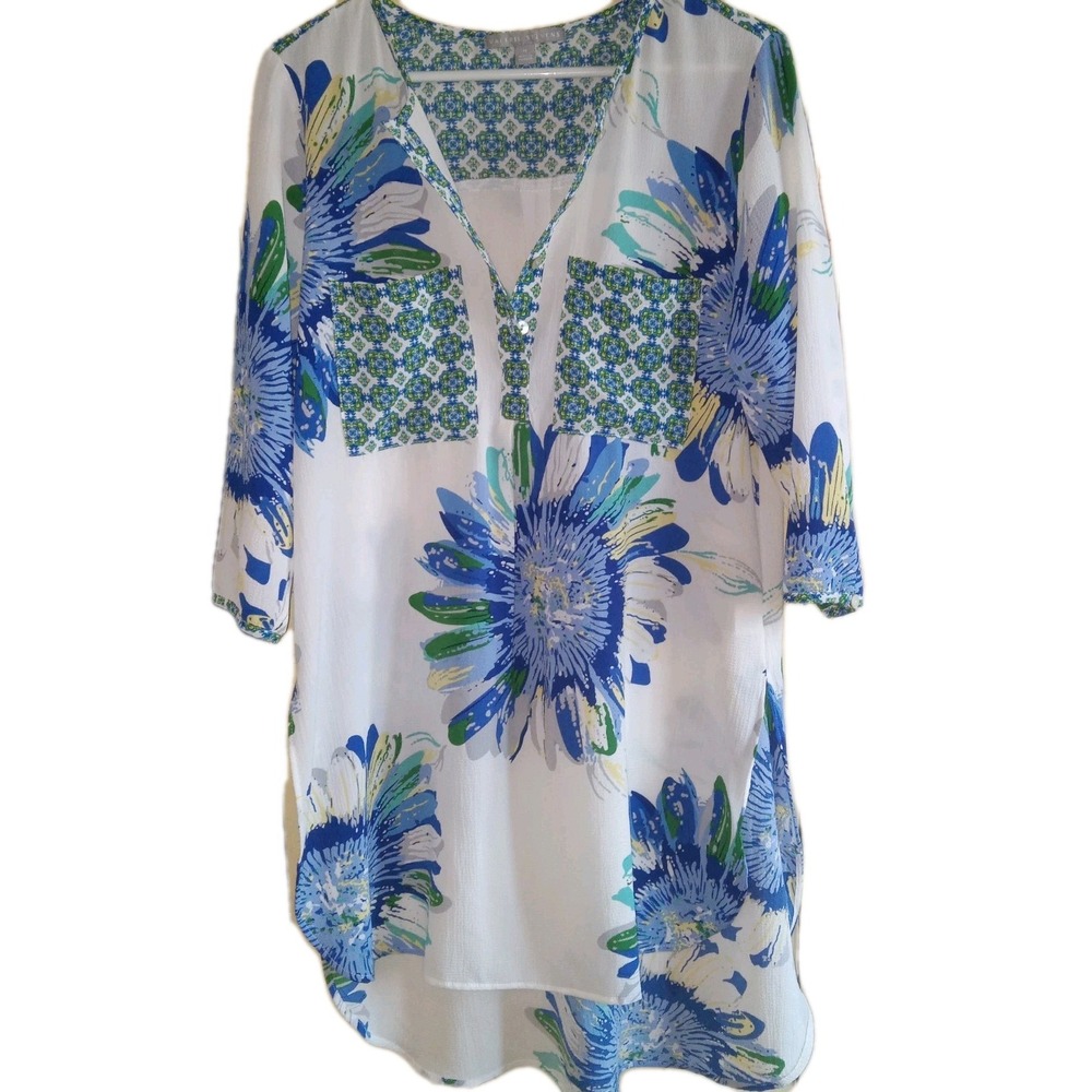 Valerie Stevens SZ M Tunic Top Women's‎ Artsy Bloomcore Hi Low Hem Resort Flowy